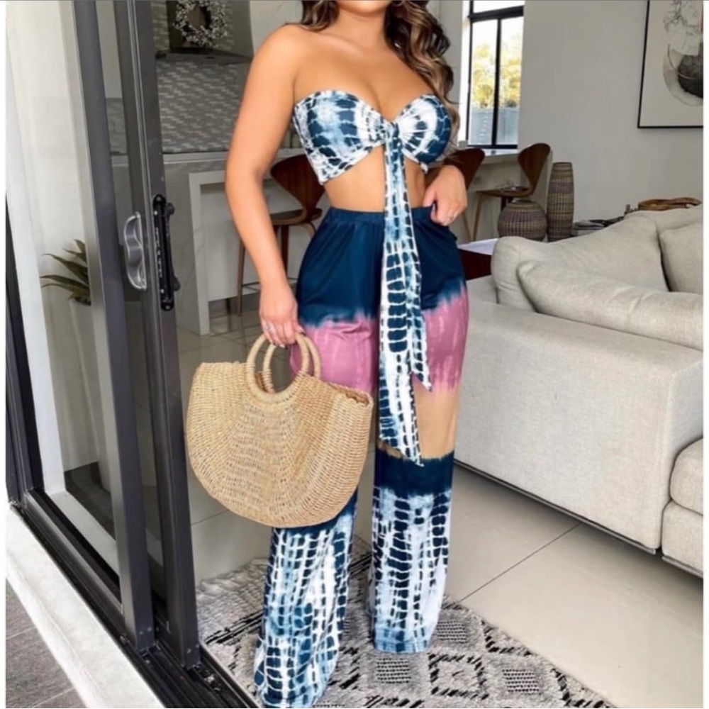 Tie-dye Multicolor Strapless Tie Front Crop Top and Wide Leg Pants Set